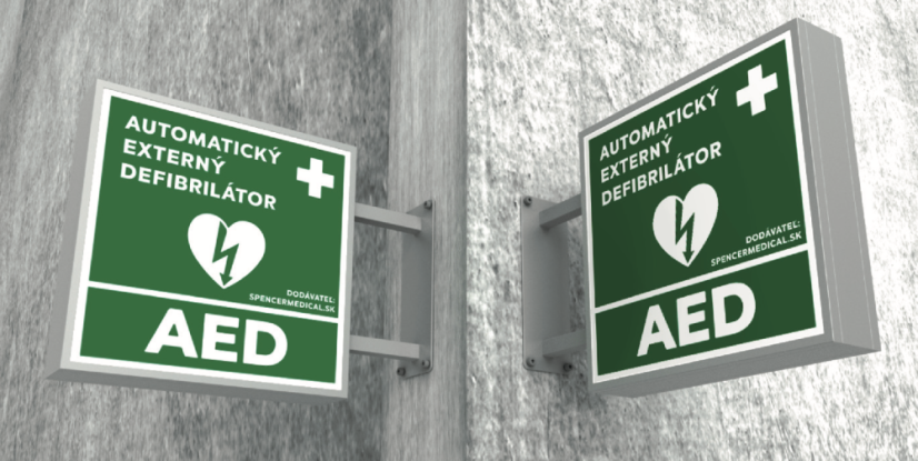 Svetelná obojstranná informačná tabuľa AED defibrilátor